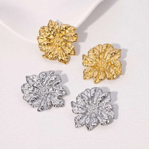 Pendientes De Flores Bañados En Oro De 18K Acero Inoxidable Pétalo Martillado Vintage Moda Exagerada Para Mujeres