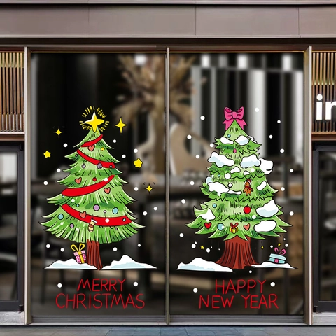 Christmas Tree Window Stickers Static Cling PVC Glass Decals Merry Christmas Happy New Year Festive Showcase Home Shop Decor