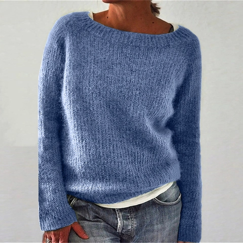 Women Pullover Sweater Round Neck Long Sleeve Solid Color Mohair Style Soft Knit Loose Casual Daily Autumn Winter Tops