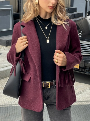 Giacca Retro Donna Bordo Frange Nappe Colore Solido Elegante Cappotto Misto Lana Manica Lunga