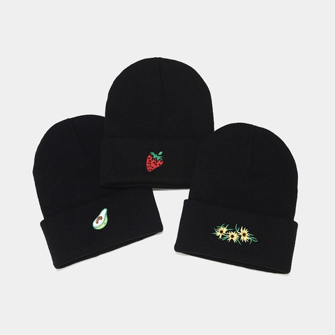 Acrylic Knitted Beanie Hat With Fruit Embroidery For Men Women Warm Casual Cuffed Winter Hat American Trend Unisex Skull Cap
