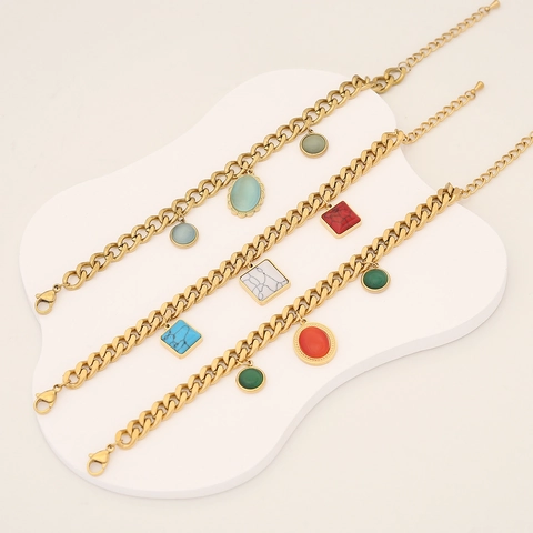 Bracelet Vintage En Acier Inoxydable Avec Pendentifs Colorés En Pierre Oeil De Chat Chaîne Géométrique Rétro Pour Femme Or