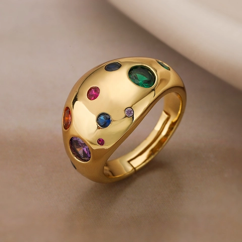 Vintage Geometrischer Offener Ring Kupfer Vergoldet Mit Bunten Zirkonia Für Damen Luxus Verstellbarer Fingerschmuck