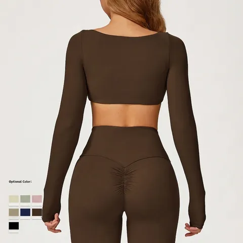 Conjunto De Yoga Escote Cuadrado Crop Top De Manga Larga Y Leggings De Cintura Alta Nailon Elastano Ropa Deportiva