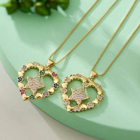 Collar Con Colgante De Corazón De Cobre Chapado En Oro De 18K Diseño De Estrella Con Circonita Cúbica Para Mujeres