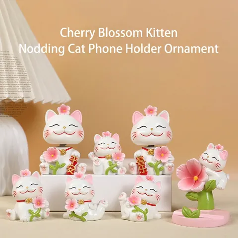 Lucky Cat Figurine Resin Cherry Blossom Maneki Neko Cute Cartoon Desk Decor Phone Holder Stand Bobbing Head Ornament