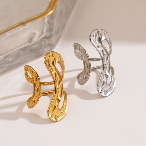 Irregulärer Gehämmerter Wellenring Aus Edelstahl Minimalistisch Vergoldet Verstellbar Offener Statement Schmuck Für Damen