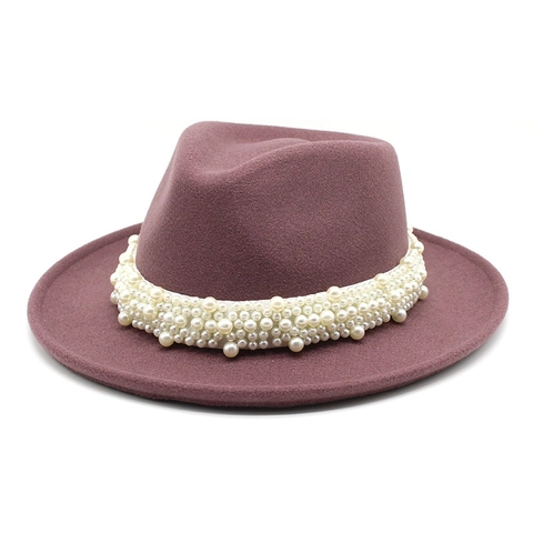 Mujeres Hombres Clásico Sombrero Fedora de Fieltro de Lana Ala Ancha Decorado con Perlas Artificiales Sombrero Jazz Elegante Color Sólido Otoño Invierno Accesorio