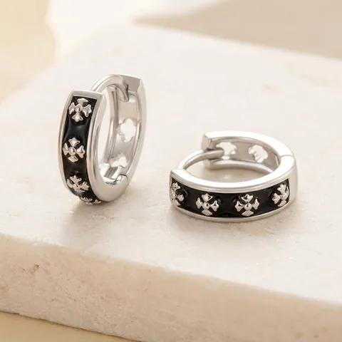 Cross Pattern Hoop Earrings Vintage Gothic Black Enamel Copper Huggie Ear Studs Unisex Cool Punk Style Jewelry Accessory