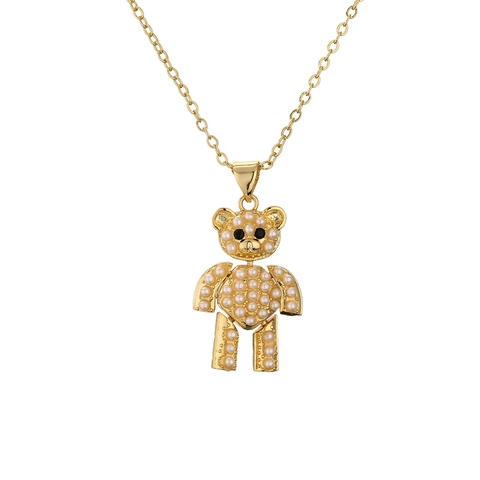 Cute Gold Plated Copper Animal Pendant Necklace For Women Cute Cat Owl Bear Bee Heart Zirconia Artificial Pearl Jewelry Gift