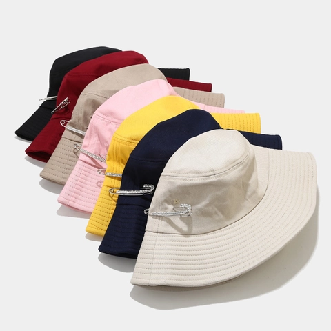 Bucket Hat Cotton Canvas Rhinestone Safety Pin Decor Wide Brim Foldable Sun Protection Fashion Outdoor For Women Men