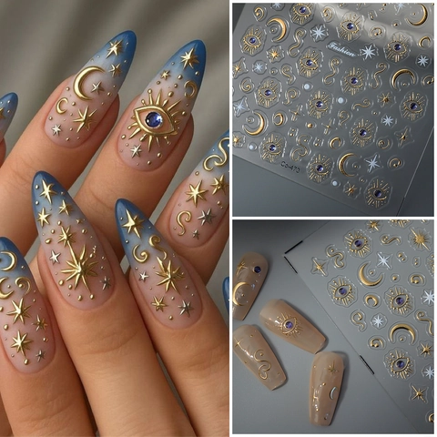 5D Relief Nail Art Stickers Self Adhesive Waterproof Bronzing Gold Evil Eye Moon Star Celestial Mystic Decoration