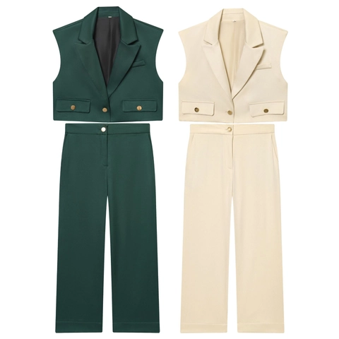 Women Vest And Wide Leg Pants Suit Lapel Single Breasted Solid Color Professional Casual Office Wear