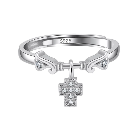 925 Sterling Silver Cross Pendant Open Adjustable Ring Zirconia Inlaid Jewelry For Women Fashion Dangle Finger Ring Gift