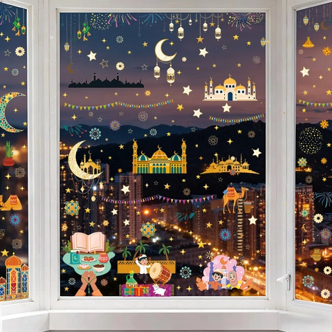 Eid Mubarak Ramadan Wandtattoo Goldfolie Mond Sterne Moschee Laterne Muster PVC Wasserdicht Haus Dekoration Aufkleber Wohnzimmer