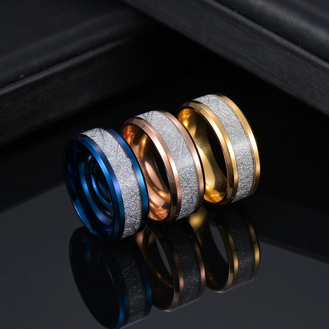 Titanium Steel Ring For Men Women Beveled Edge Meteorite Texture Inlaid Unisex Fashion Business Band Ring Jewelry Gift