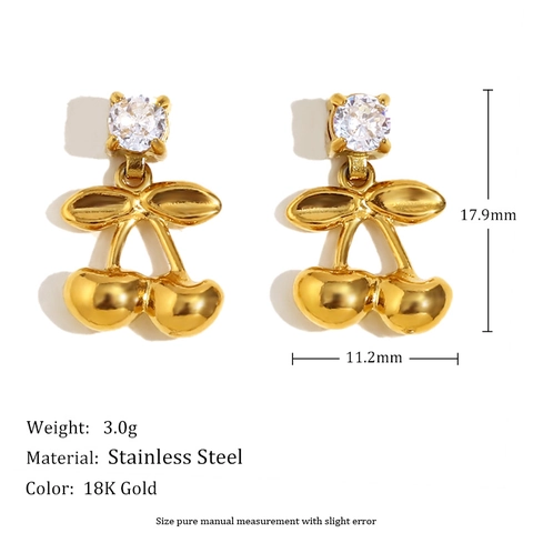 Boucles D'oreilles Cerise Acier Inoxydable Plaqué Or 18K Zircon Forme Fruit Style INS Mode Versatile Femme