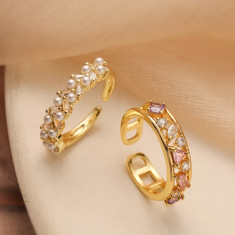 Adjustable Geometric Open Ring Copper 18K Gold Plated Micro Pave Zircon Artificial Pearl Fashion Irregular Jewelry For Women