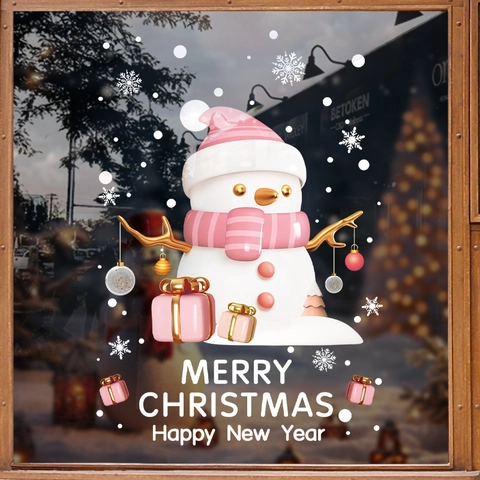 Weihnachten Schneemann Fensteraufkleber PVC Statisch Haftend 3D Rosa Schneeflocken Wiederverwendbar Shop Glas Deko