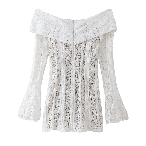 Damen Elegantes Schulterfreies Spitzen Minikleid Ausgestellte Lange Ärmel Floral Hohl Aus Schleife Weiß