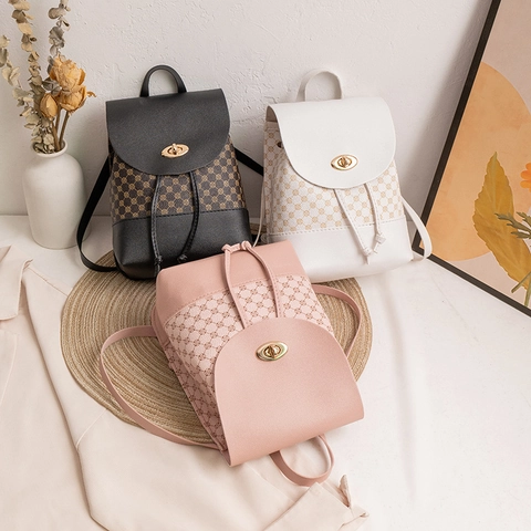 Mini Backpack Women PU Leather Printed Monogram Pattern Twist Lock Drawstring Small Fashion Shoulder Bag Ladies Travel