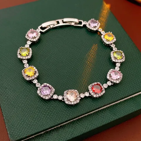 Pulsera De Zircón Redondo Colorido Vintage Cobre Plateado Joyería De Lujo Para Mujeres