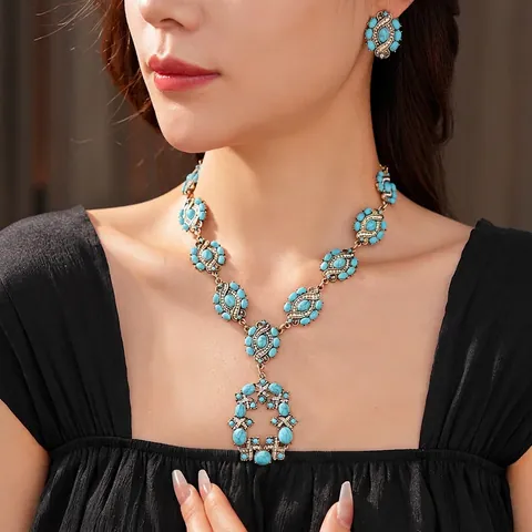 Vintage Boho Schmuck Für Damen Legierung Rheinstone Oval Türkis Stil Halskette Und Ohrringe Mit Silbernem Ohrstecker