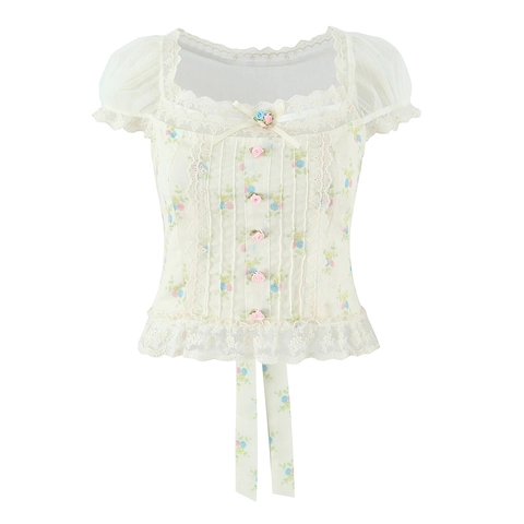 Französische Vintage Blumenbluse Quadratischer Ausschnitt Spitze Mesh Patchwork Puffärmel Oberteil 3D Rose Dekoration Süßer Stil