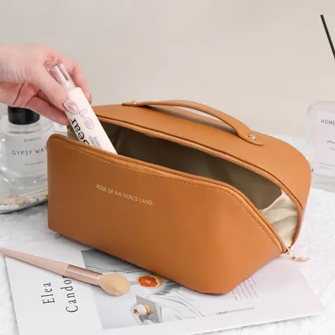 Large Capacity PU Leather Makeup Bag With Handle Portable Travel Cosmetic Organizer Minimalist Multilayer Storage Pouch