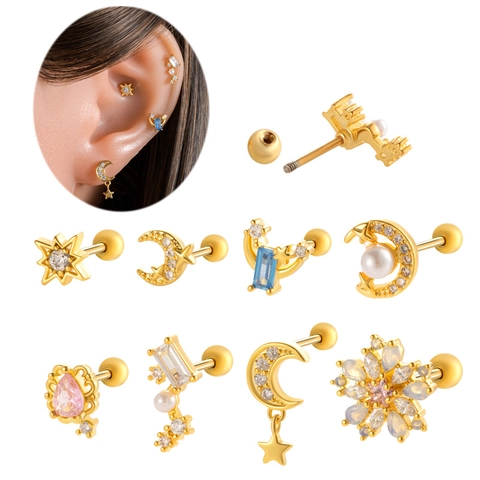 Knorpelstecker Kupfer Zirkon Edelstahlstift Stern Mond Blume Helix Piercing Schmuck Schraubverschluss Für Damen