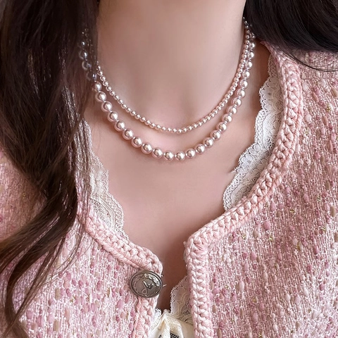 Elegante Collana Di Künstliche Perle Sintetiche Rosa Per Donna Stile Francese Catena Per Clavicola A Strati Accessorio Gioielli Moda