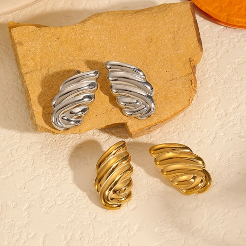 Textured Wing Ear Studs Stainless Steel 18K Gold Plated Wavy Ribbed Statement Earrings For Women Fashion Jewelry