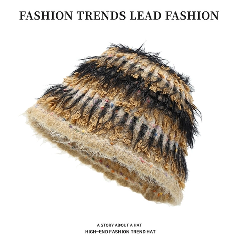 Women Fuzzy Plush Bucket Hat Acrylic Colorful Mixed Knit Warm Winter Fisherman Hat Japanese Sweet Style
