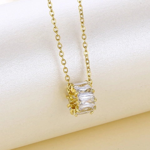 Collier Pendentif Cylindre Acier Inoxydable Plaqué Or Zircon Baguette Bijoux Élégants Pour Femmes