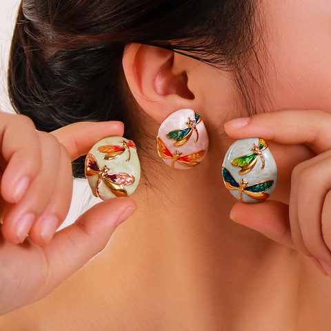 Vintage Stainless Steel Dragonfly Floral Enamel Earrings For Women Asymmetric Oil Drop Rhinestone Stud Earrings Retro Jewelry