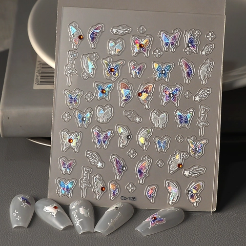 Pegatinas De Uñas 5D Relieve Mariposa Flor Calcomanías Adhesivas Decoración De Manicura Holográfica