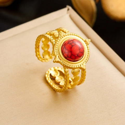 Edelstahl Ring Vintage Palast Stil Vergoldet Offen Verstellbar Breitband Roter Türkis Runder Edelstein Schmuck Damen
