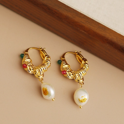 Orecchini Pendenti Con Künstliche Perle Dacqua Dolce Barocche Con Perno In Rame Placcato Oro 18K Stile Francese Vintage