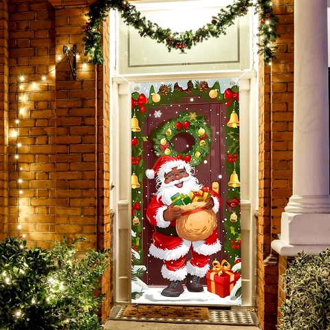 Striscione Per Porta Di Natale Poliestere Babbo Natale Nero Decorazione Per Casa Esterna Bandiera Appesa