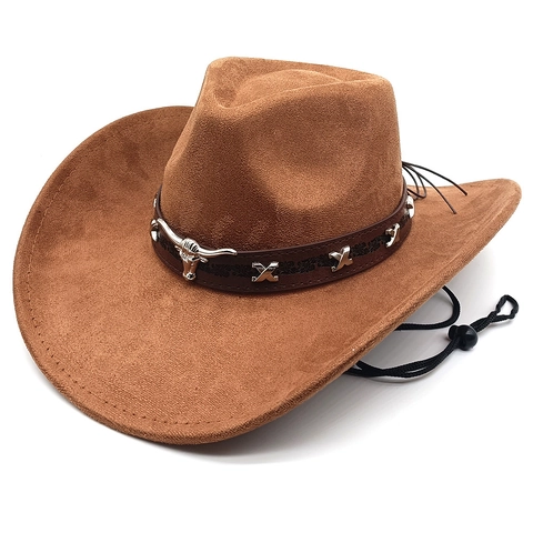 Retro Suede Western Cowboy Hat With Bull Head Metal Decoration Wide Brim Adjustable Wind Rope Unisex Outdoor Style