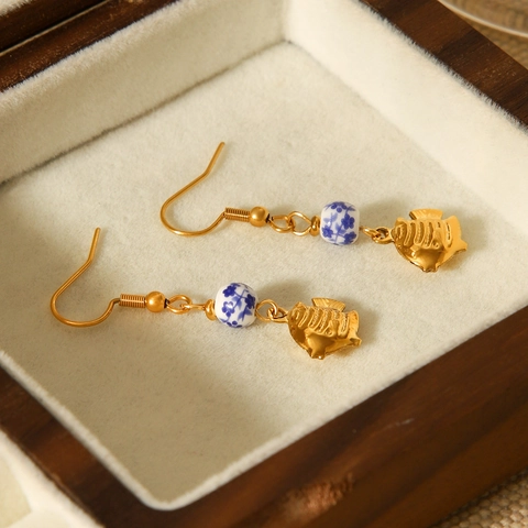 Pendientes De Pez Con Cuenta De Porcelana Azul Y Blanca Acero Inoxidable Aretes De Pez Tropical Para Mujer Playa
