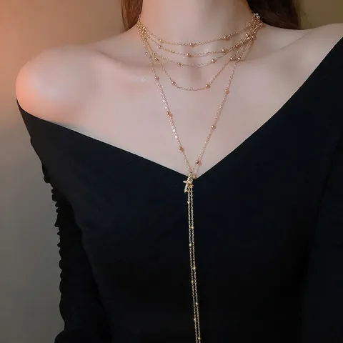 Collier Multi-Rangs Pendentif Croix Zircon Perles Métalliques Chaîne Gland En Y Bijoux Vintage Cour Française Femme