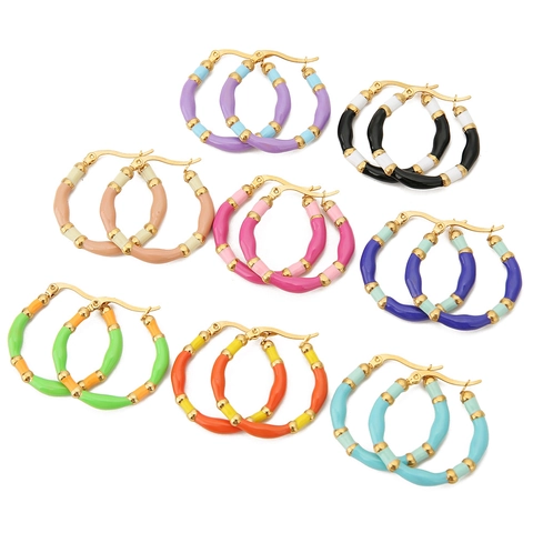 Orecchini A Cerchio In Bambù Bohémien Acciaio Inossidabile Placcato Oro Smalto Colorato Gioielli Geometrici Arcobaleno Per Donne