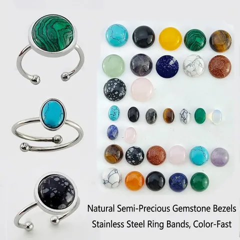 Retro Natural Semi-Precious Stone Stainless Steel Ring Adjustable Circular Oval Gemstone Minimalist Jewelry Men Women
