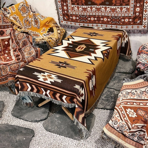 Coperta Di Cotone Tessuta Bohémien Motivo Geometrico Con Nappe Reversibile Morbida Per Divano Campeggio Picnic Decorazione Casa