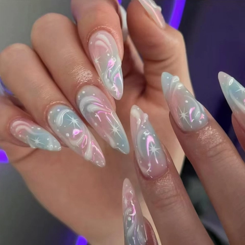 Uñas Postizas De Almendra Perla Artificialdo Rosa Azul Degradado Patrón De Estrella Plástico ABS Uñas Portátiles Para Mujeres