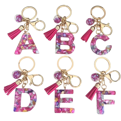 Llavero De Letra Inicial Resina Piedra Colorida Lentejuelas Anillo Metal Dorado Borla Rosa Bola Brillo Líquido