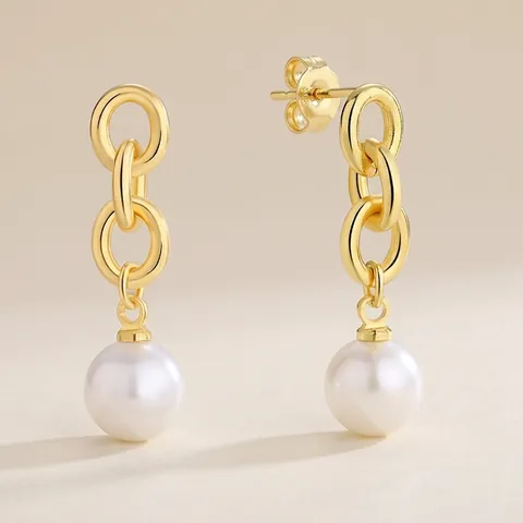 Pendientes Largos De Perla Artificial Con Triple Anillo Geométrico Para Mujer Latón Bañado En Oro 18K Con Poste De Plata 925