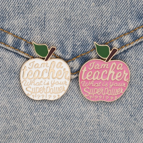 Apple Shape Enamel Brooch Pin Alloy Material Fun Teacher Superpower Quote Gift For Educators Cartoon Jewelry Accessories