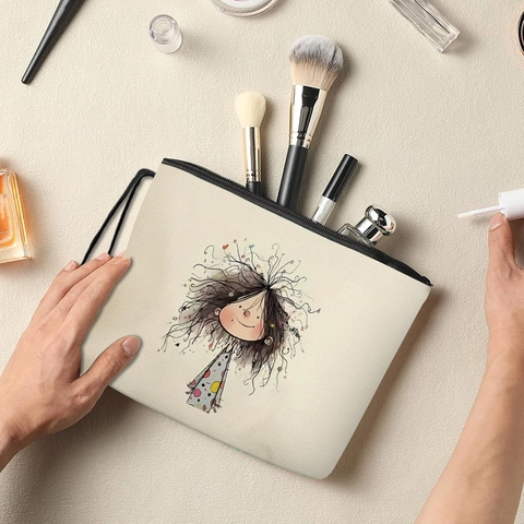 Fine Linen Cosmetische Tas Make-up Tasje Met Rits En Polsbandje Cartoon Meisje Illustratie Reis Toilettas Voor Dames